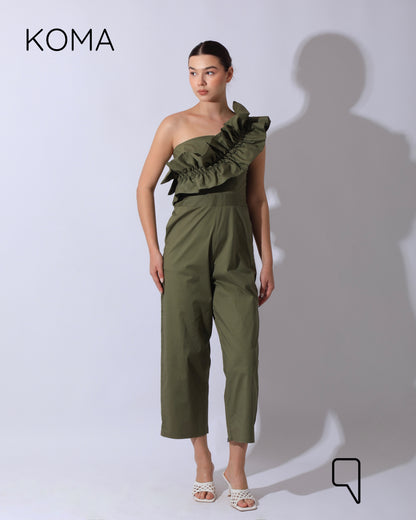 Marta Asymmetric Ruffle Jumpsuit - Olive