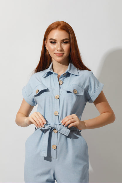 Buttons Jeans Jumpsuit - Light Blue