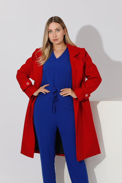 Woolen Wrapped Belted trench Coat - Red
