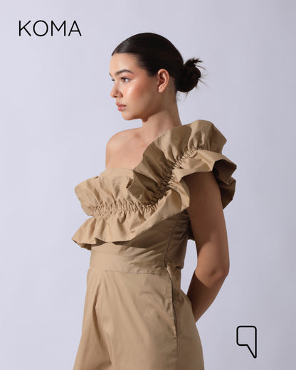 Marta Asymmetric Ruffle Jumpsuit - Beige