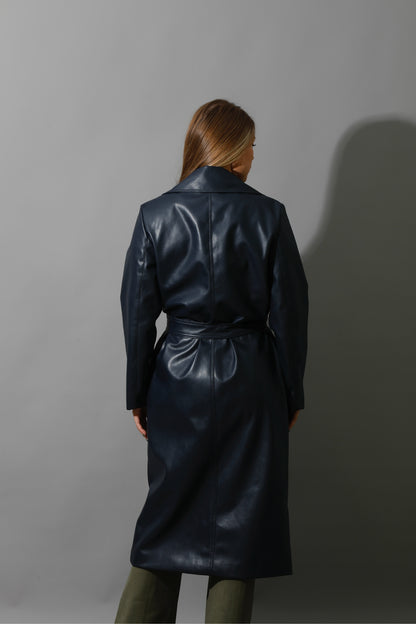 Textured Leather Coat - Navy