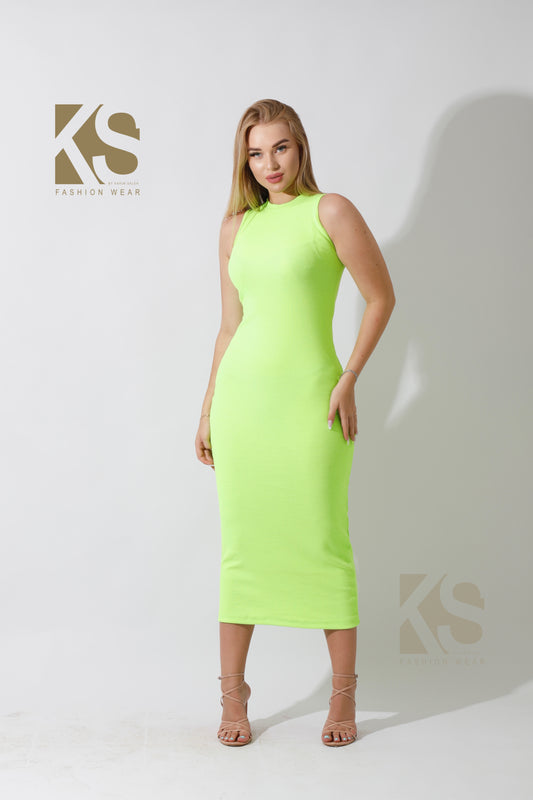 Slinky High Neck Midi Sleeveless Dress - Lime Green