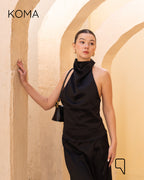 Violet Satin Halter Top & Midi Skirt Co-Ord - Black