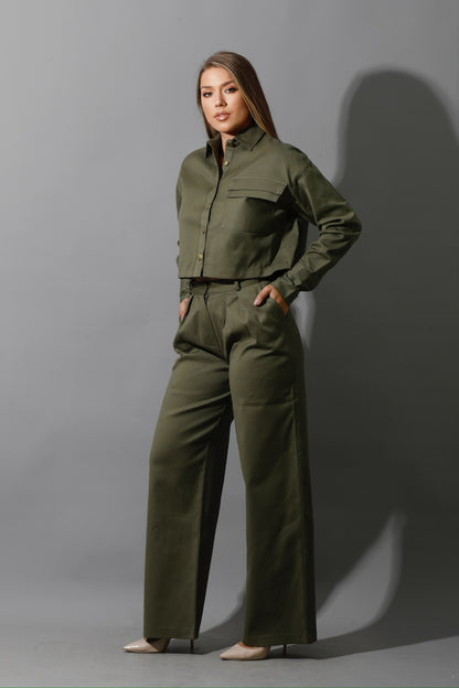 Co-ord Pleated Wide Leg Pants & Cropped Shirt - Olive