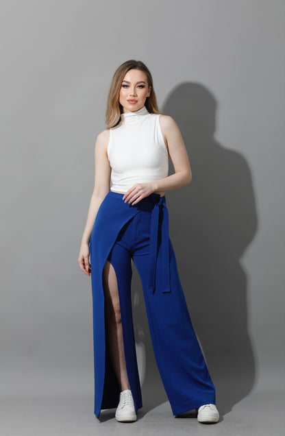 Wrap Pants With Front Slit - Electric Blue