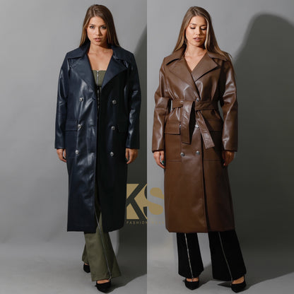 Textured Leather Coat - Navy