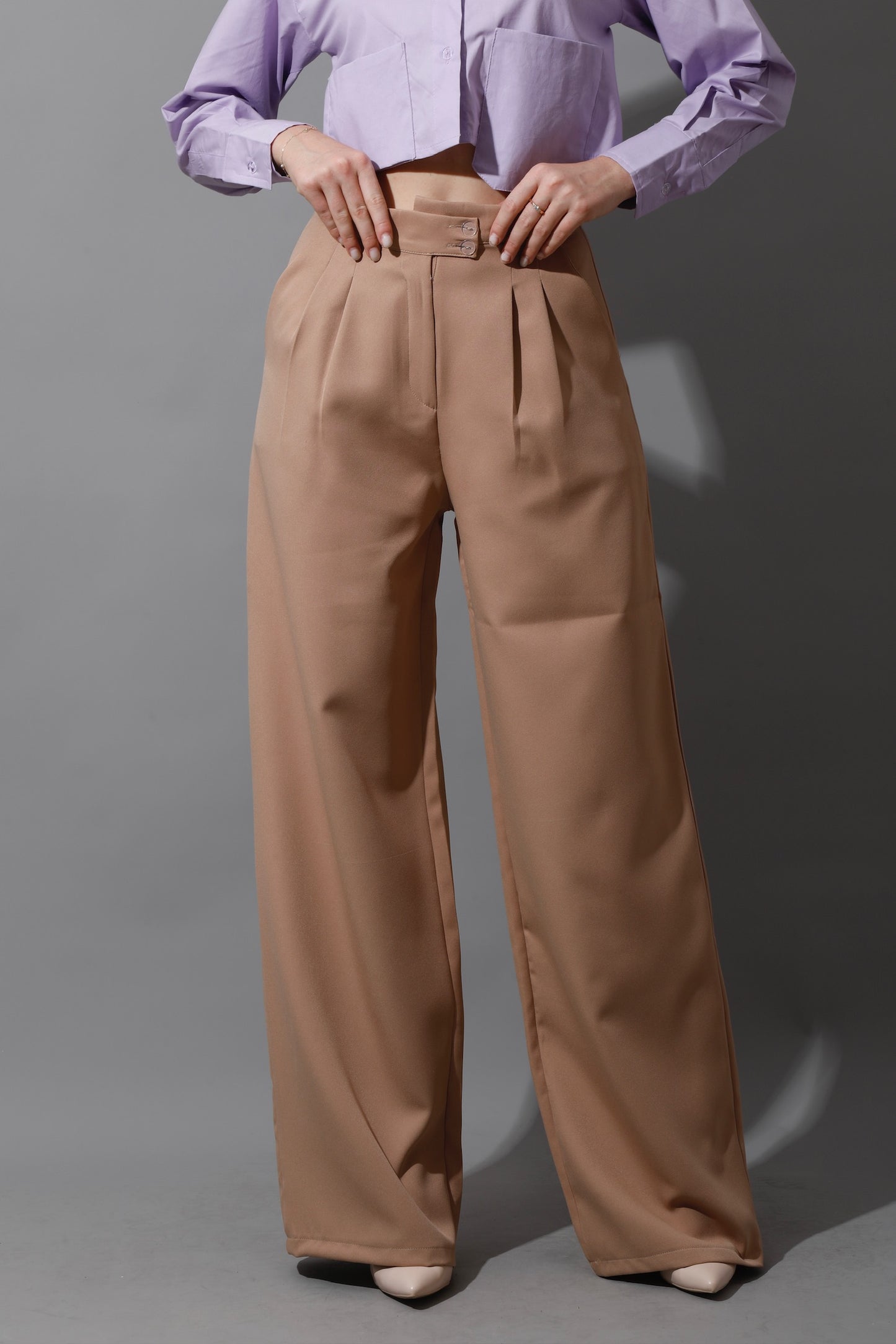 Noelle High Waist Wide Leg Trousers - Beige