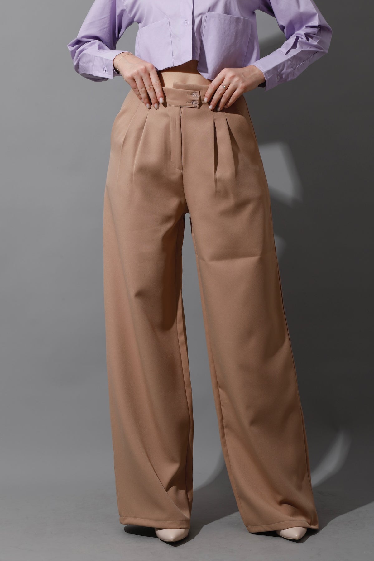 Noelle High Waist Wide Leg Trousers - Beige