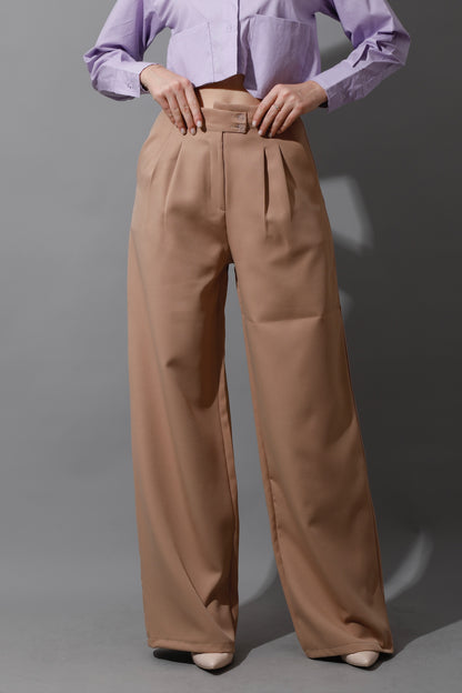 Noelle High Waist Wide Leg Trousers - Beige