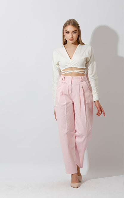 High Rise Paper-Bag Pants - Pink