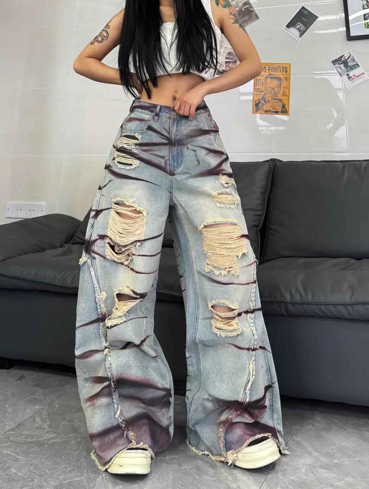 Gaia High-Wasted Distressed Wide Leg Trousers - Multicolored