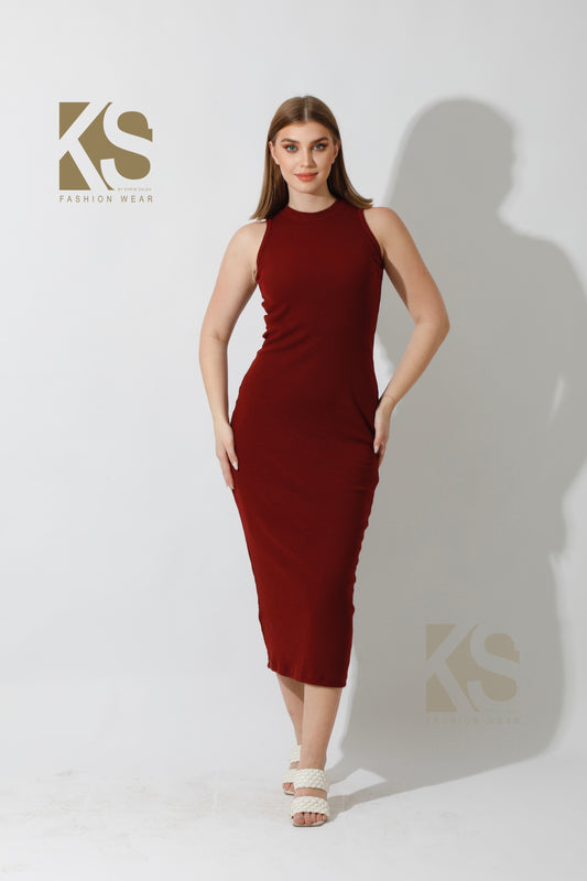 Slinky High Neck Midi Sleeveless Dress - Maroon