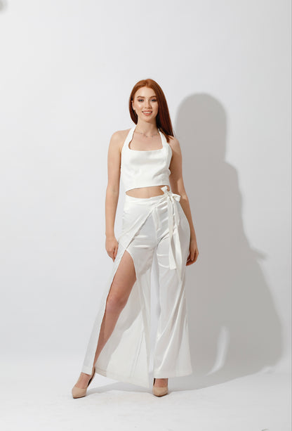 Satin Wrap Pants With Front Slit - White