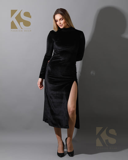 Front Slit Midi Dress - Black