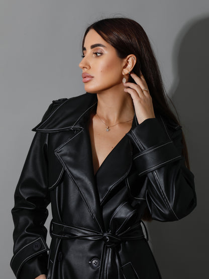 Leather Trench Coat With White Stitch - Black