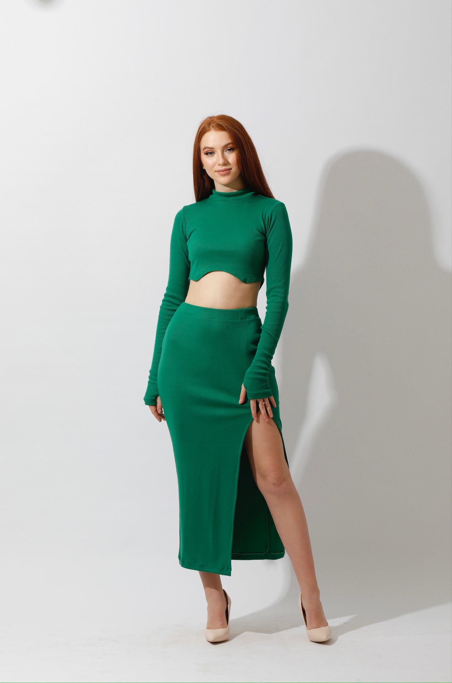 Co-ord Crop Top & Midi Skirt Rib Set - Green