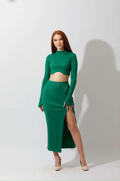 Co-ord Crop Top & Midi Skirt Rib Set - Green