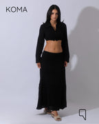 Greta Crincle Cropped Shirt & Skirt Set - Black