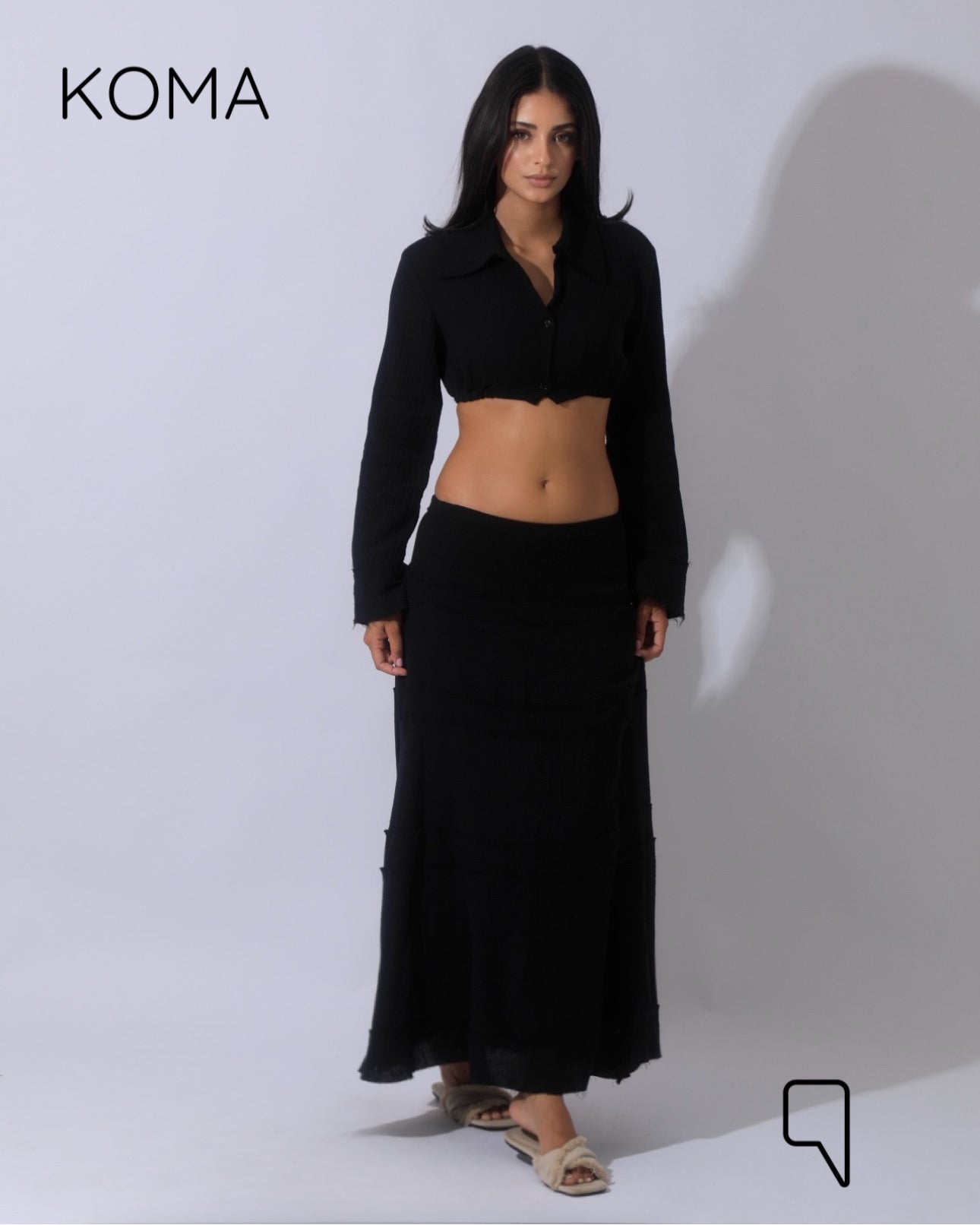 Greta Crincle Cropped Shirt & Skirt Set - Black