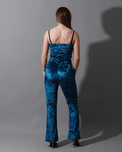 Velvet Crop Top & Bootcut Trousers Set - Petrol