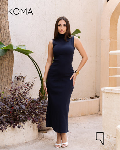 Naomi Halter Neck Midi Sleeveless Dress - Navy