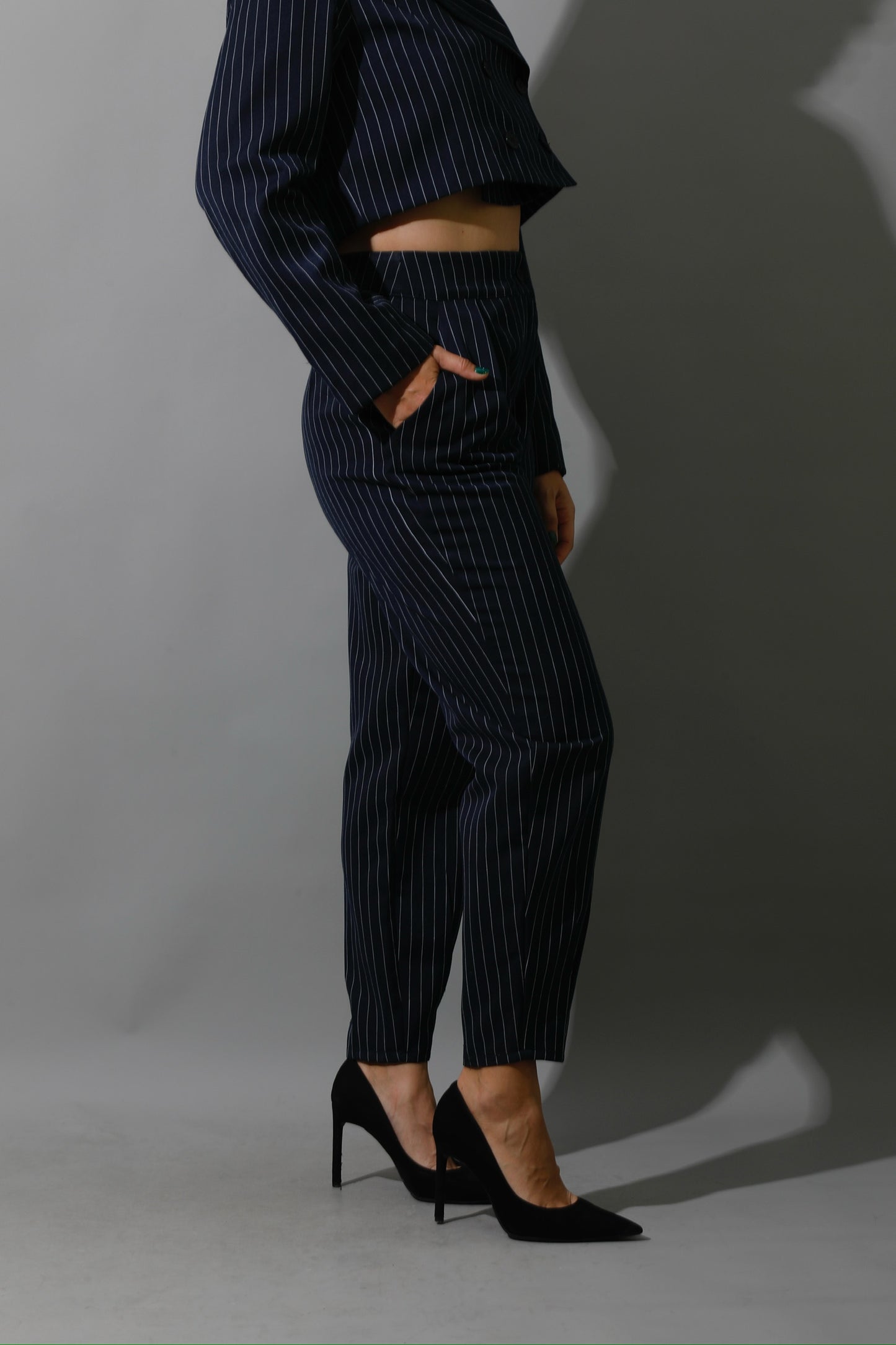 Striped Cropped Blazer, Bra Top & Paper-bag Pants Co-Ord - Navy