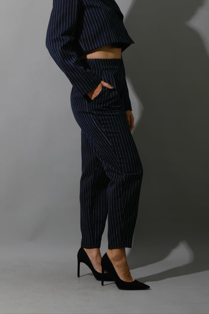 Striped Cropped Blazer, Bra Top & Paper-bag Pants Co-Ord - Navy