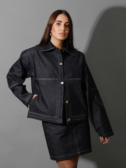 Co-Ord Jeans Sleeves Jacket - Navy Blue