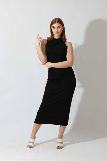 Slinky High Neck Midi Sleeveless Dress - Black