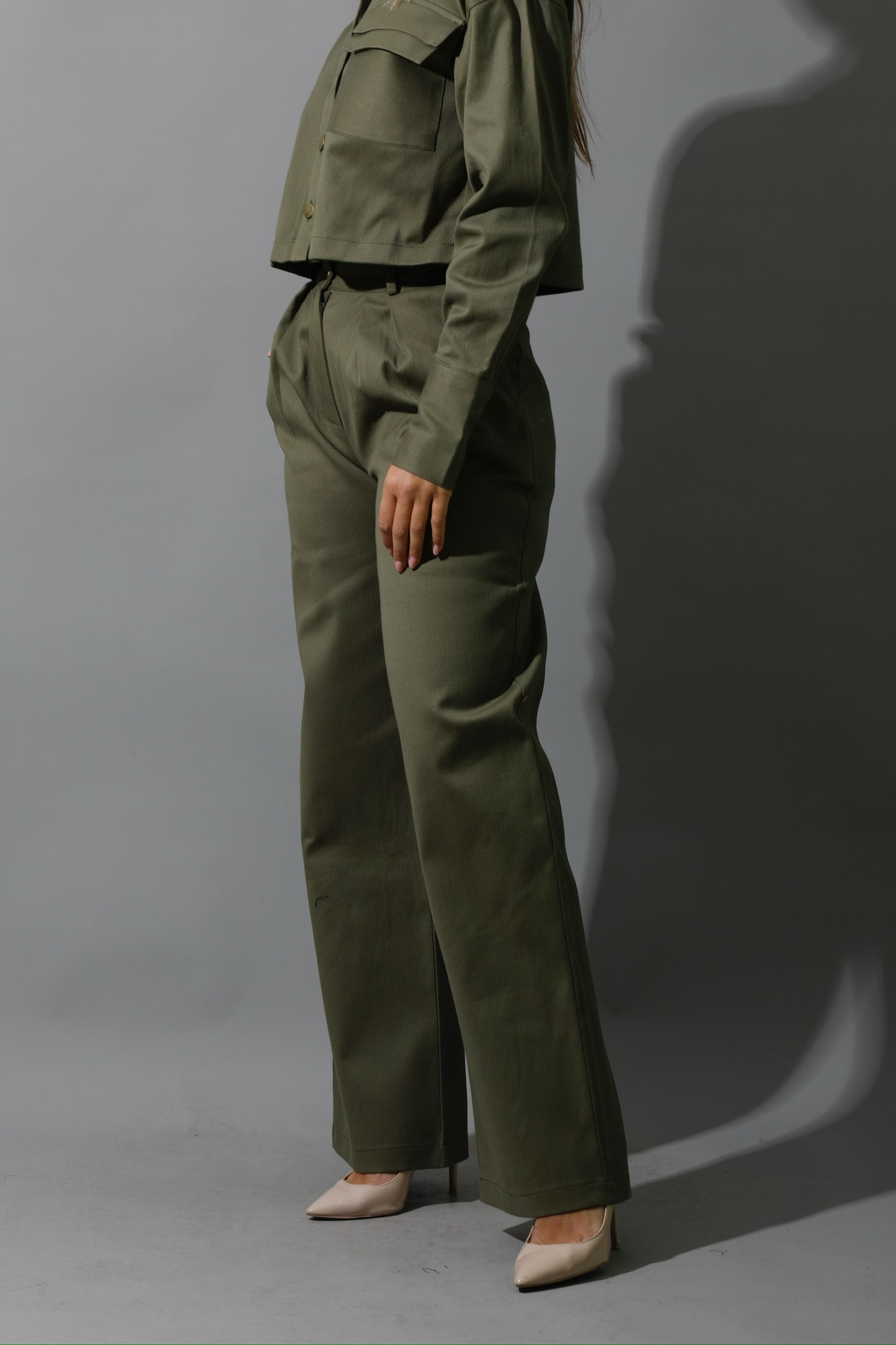 Co-ord Pleated Wide Leg Pants & Cropped Shirt - Olive