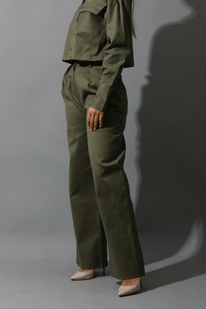Co-ord Pleated Wide Leg Pants & Cropped Shirt - Olive