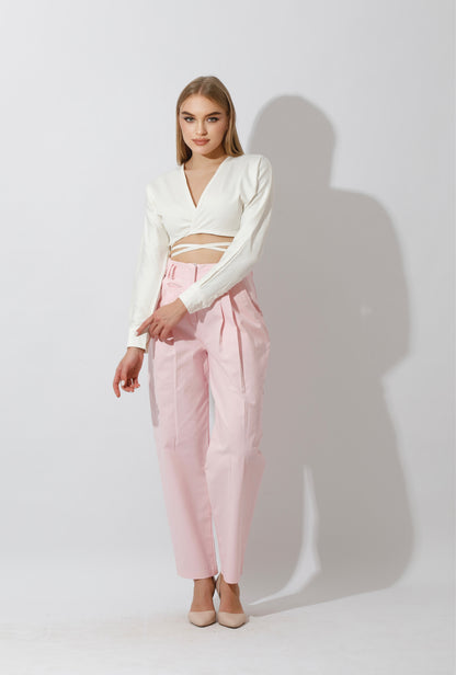 High Rise Paper-Bag Pants - Pink