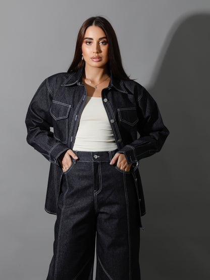 Co-Ord Jeans Cutout Shirt & Cutout Pants - Navy Blue