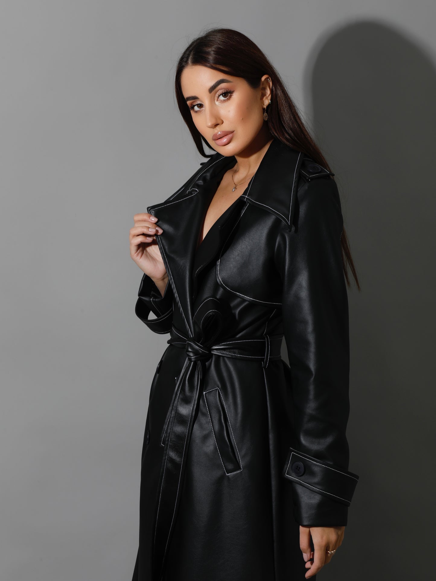Leather Trench Coat With White Stitch - Black