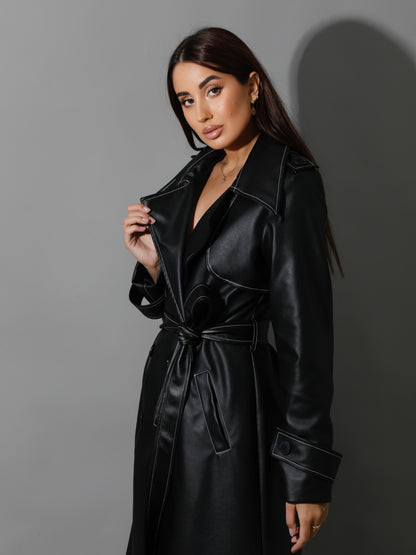 Leather Trench Coat With White Stitch - Black