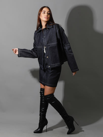 Co-Ord Jeans Sleeves Jacket - Navy Blue