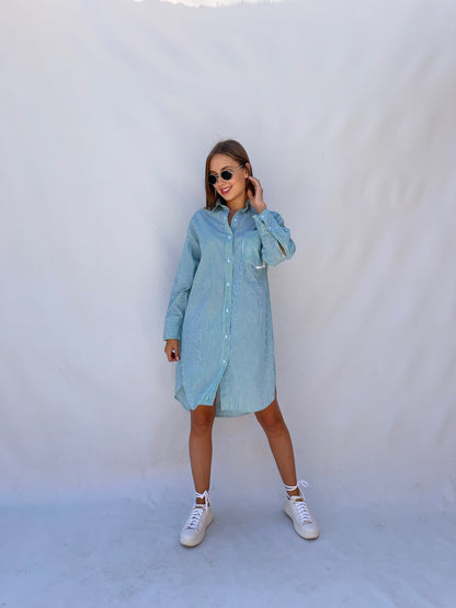 Oversized Striped Shirt Dress - Striped Green
