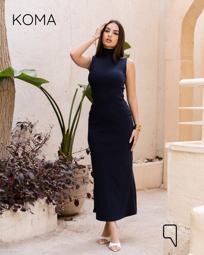 Naomi Halter Neck Midi Sleeveless Dress - Navy