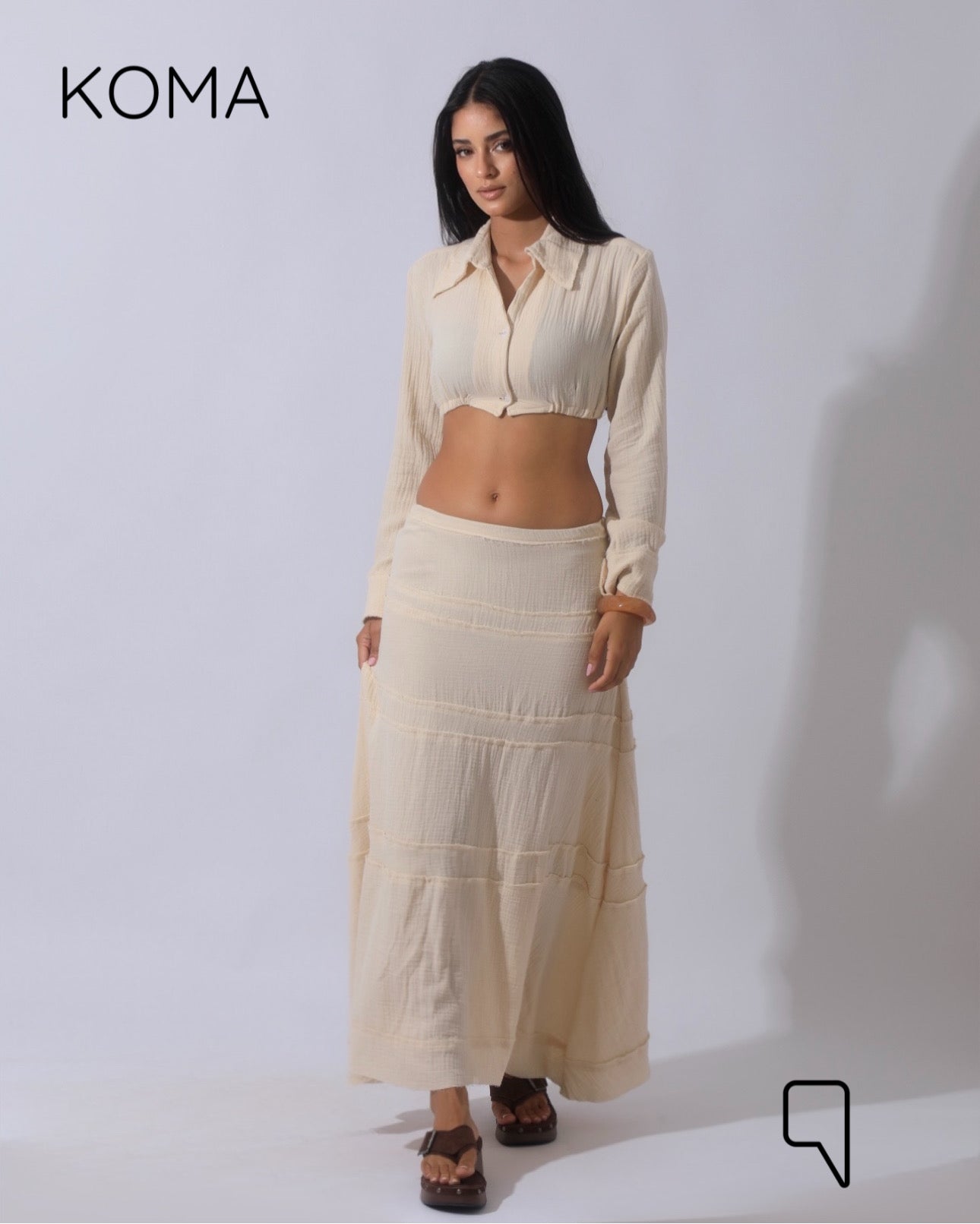 Greta Crincle Cropped Shirt & Skirt Set - Beige