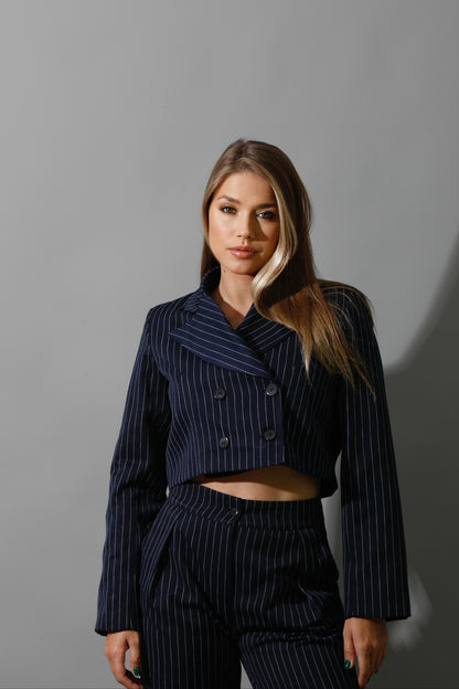 Striped Cropped Blazer, Bra Top & Paper-bag Pants Co-Ord - Navy
