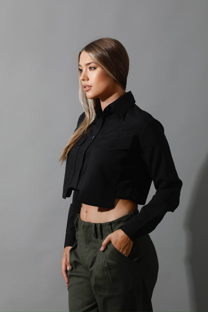 Pockets Cropped Shirt - Black