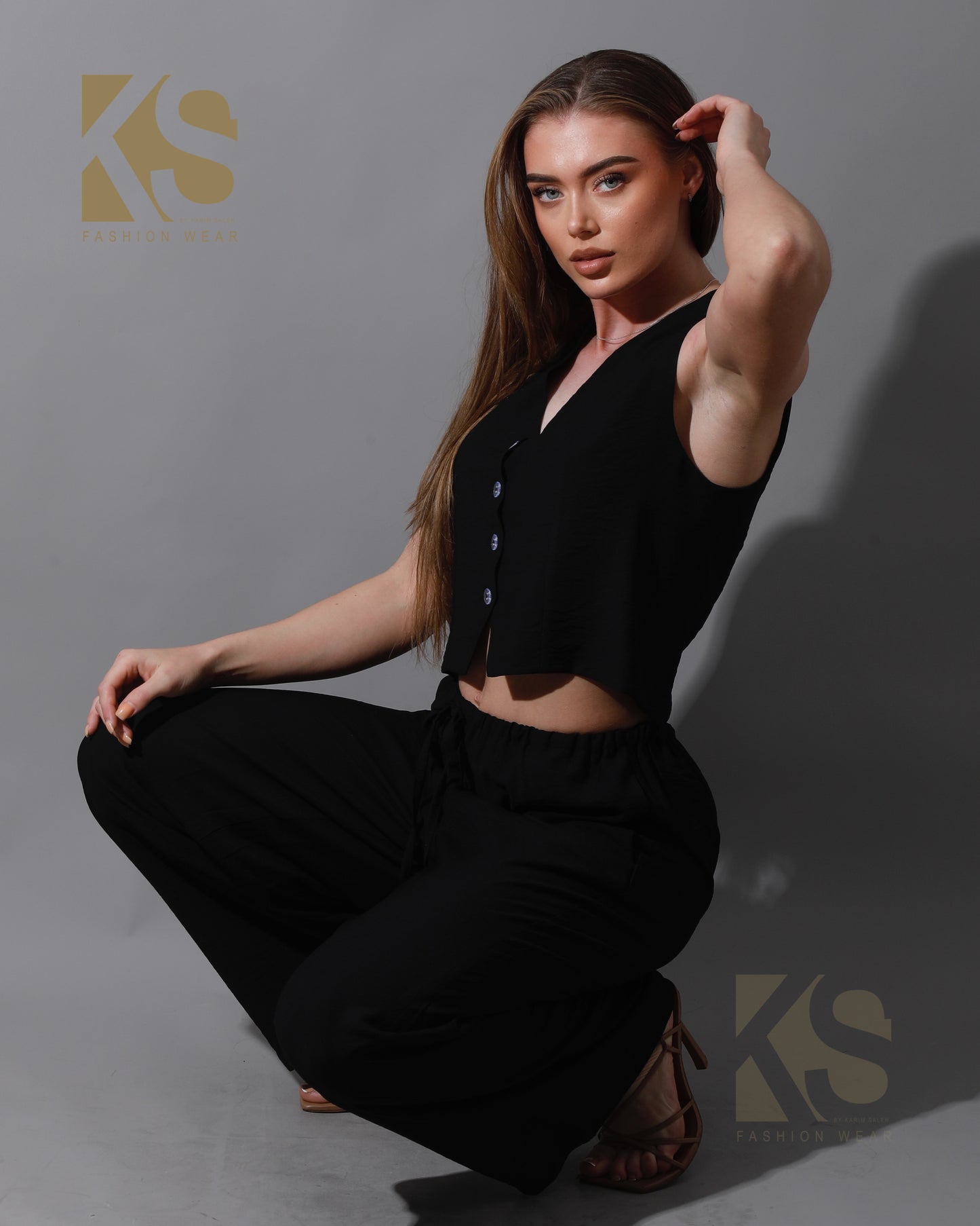 Cropped Vest Set - Black