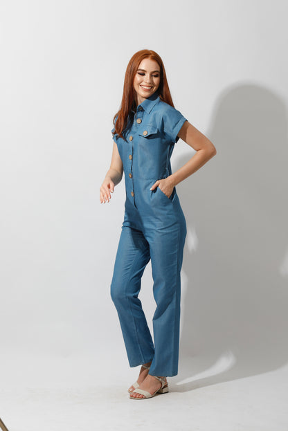 Buttons Jeans Jumpsuit - Blue