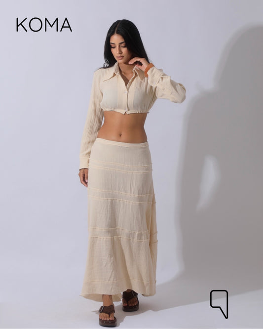 Greta Crincle Cropped Shirt & Skirt Set - Beige