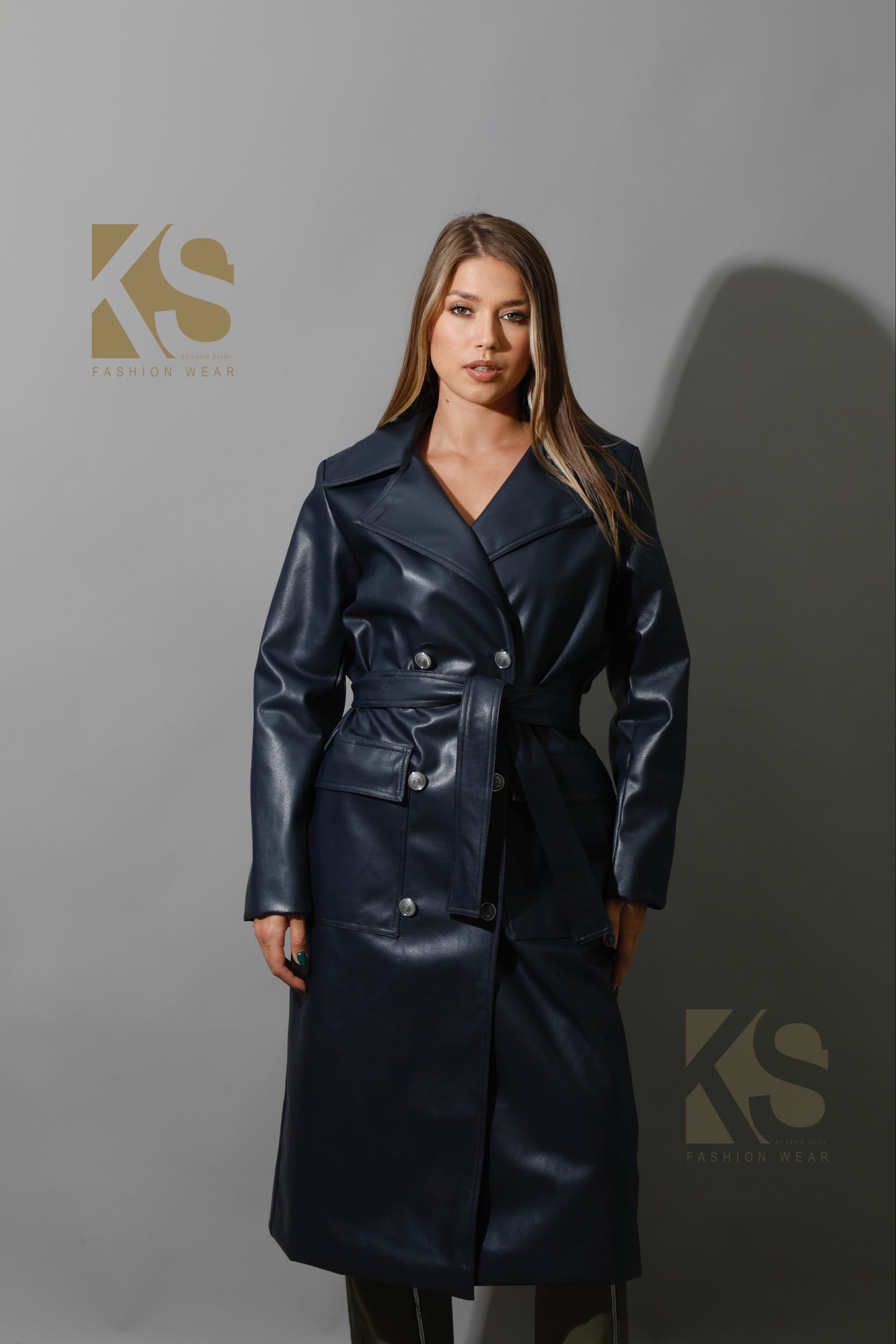 Textured Leather Coat - Navy