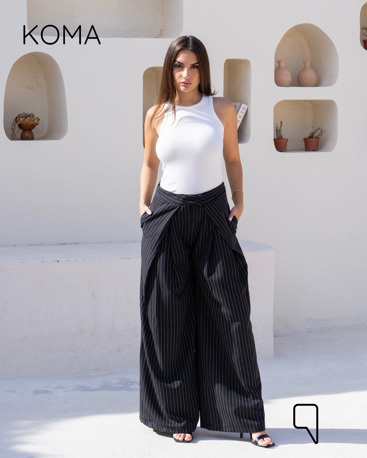 Stripped Double Pleated Trousers - Black