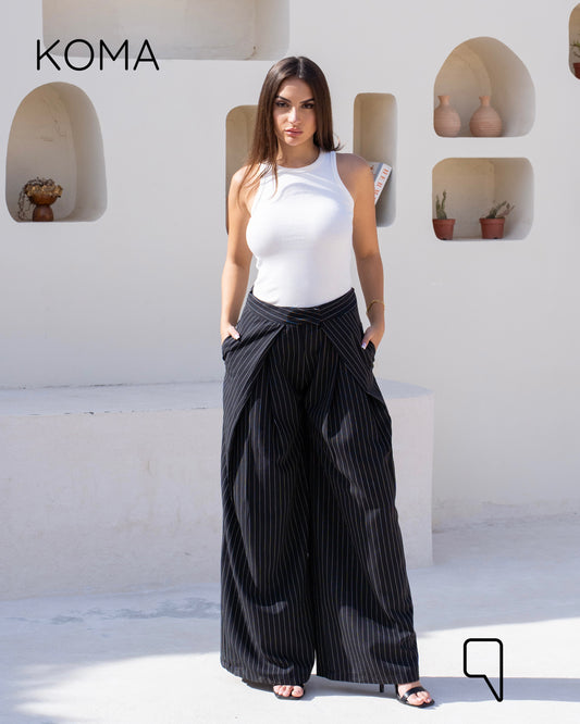 Striped Double Pleated Trousers - Black