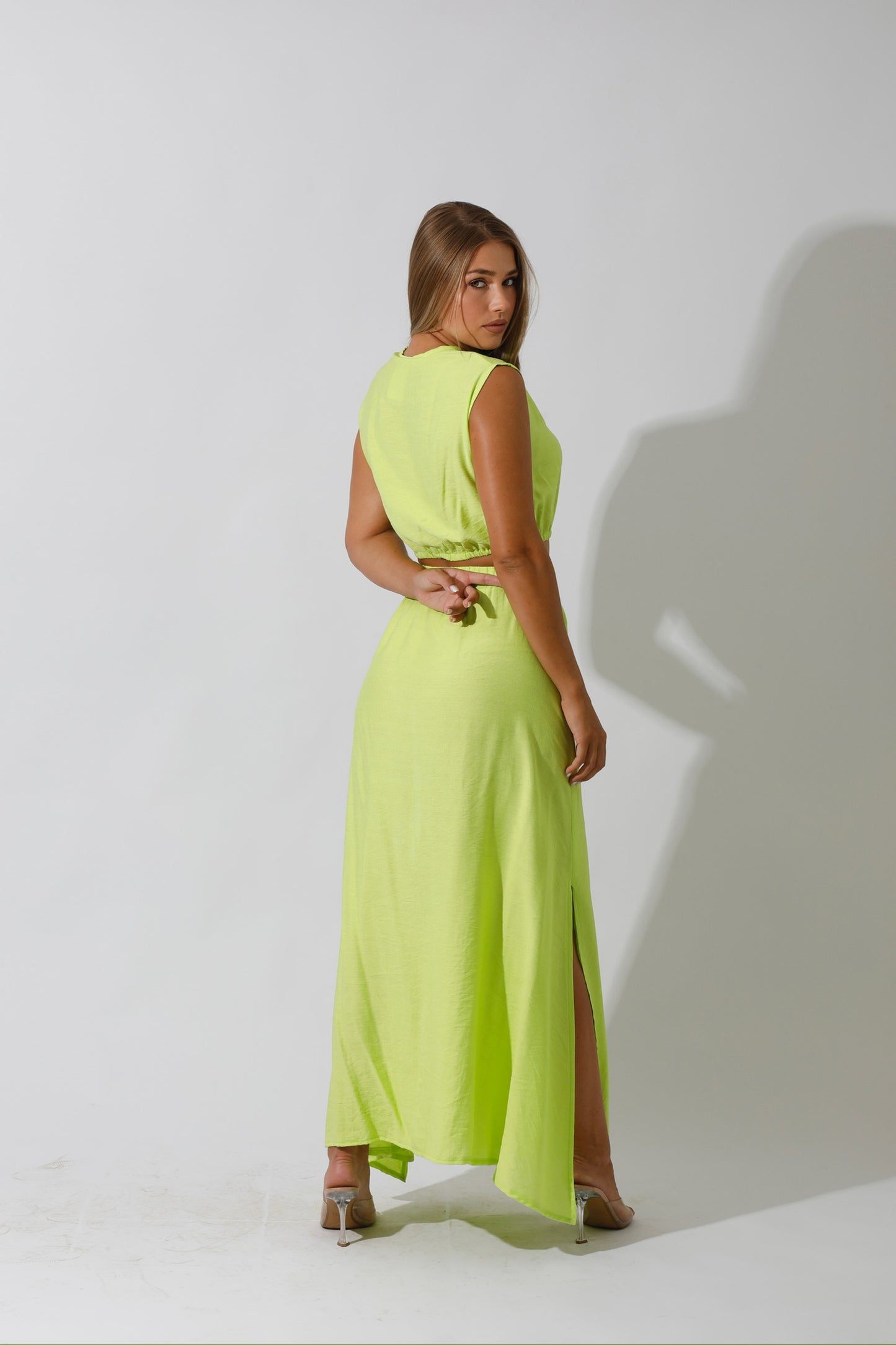 Co-Ord Crop Top & Maxi Side Slite Skirt - Lime Green