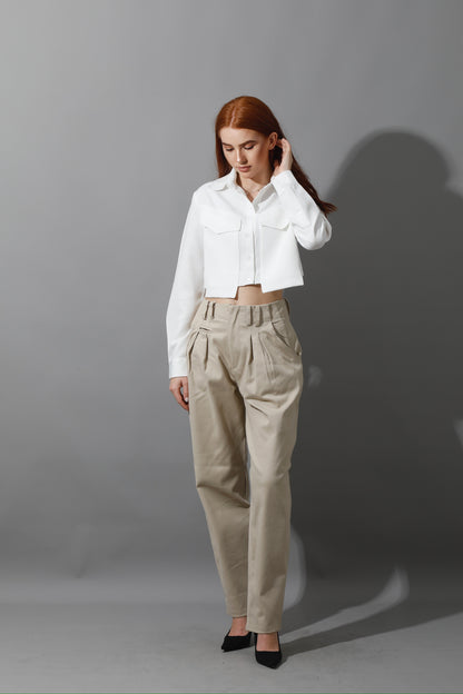 High Rise Paper-Bag Pants - Light Beige