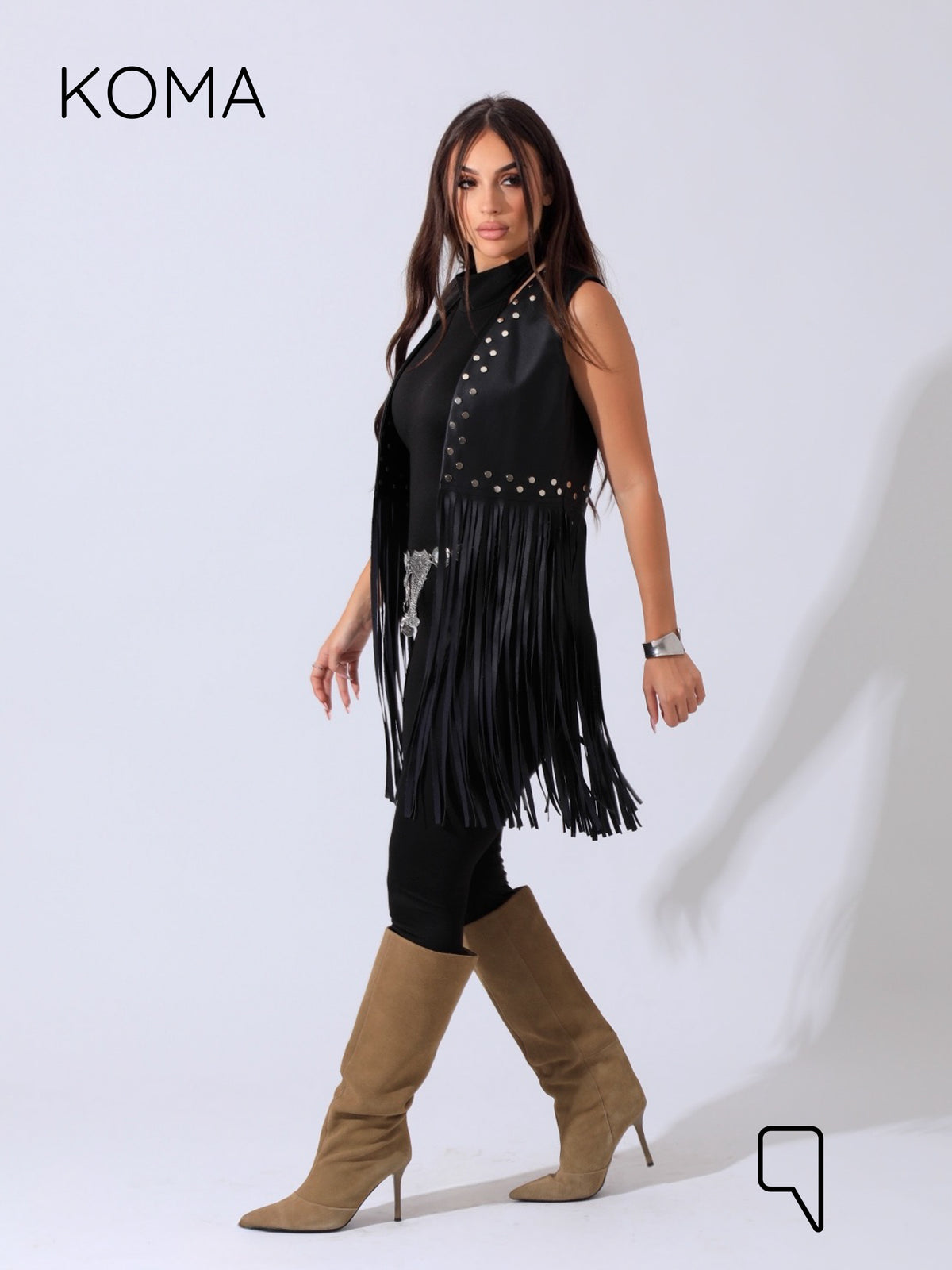 Nicci Leather Fringed Vest - Black